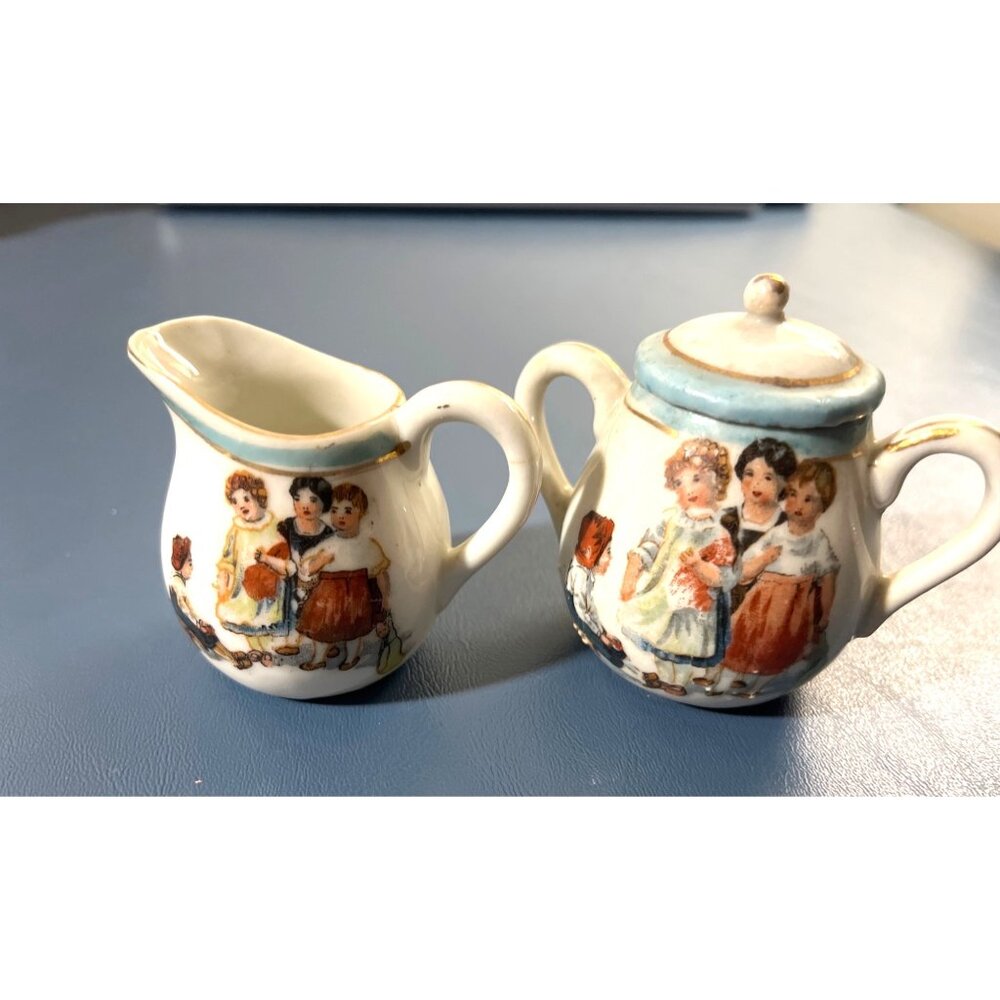 Antique Child’s Miniature Cream & Covered Sugar Set, Made in Germany 3”